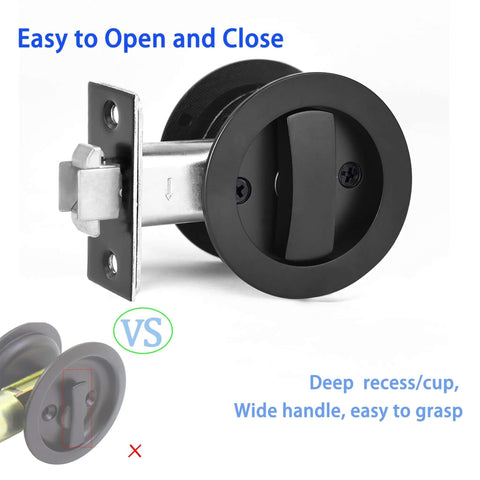 Pocket Door Keyed Lock With Flush Handles For Recessed 2 Sided Sliding Barn Door Latch, Round Contemporary Entrance Hardware, 2-3/8 Inch Backset, Matte Black Finish, Easy Grip Lever For Left Or Right Handed Doors