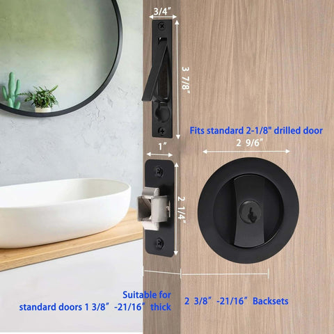 Image of a Pocket Door Keyed Lock With Flush Handles For Recessed 2 Sided Sliding Barn Door Latch, Round Contemporary Entrance Hardware, 2-3/8 Inch Backset, Matte Black Finish, Easy Grip Lever For Left Or Right Handed Doors, installed on a wooden door, showing detailed measurements.