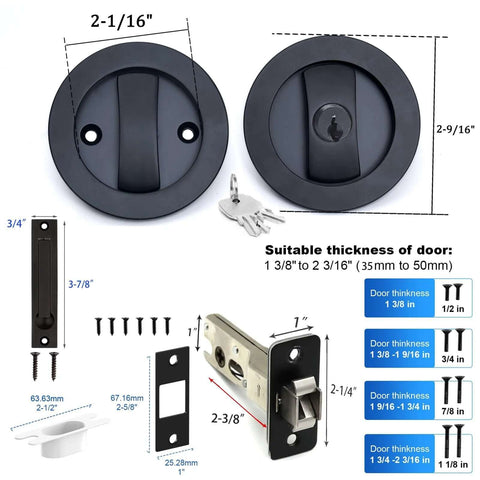 Pocket Door Keyed Lock With Flush Handles For Recessed 2 Sided Sliding Barn Door Latch, Round Contemporary Entrance Hardware