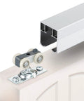 Pocket Door Hardware And Track Kit With 72 Inch Aluminum Box Rail For 24 To 36 Inch Wide Single Door Commercial Grade Rust Resistant Construction Smooth Operation With Nylon Rollers Easy To Install Heavy Duty Sliding System, close-up view of aluminum rail and nylon rollers.
