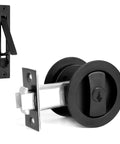 Pocket Door Keyed Lock With Flush Handles For Recessed 2 Sided Sliding Barn Door Latch, round contemporary hardware, matte black finish