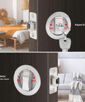 Pocket Door Keyed Lock With Flush Handles For Recessed 2 Sided Sliding Barn Door Latch, Round Contemporary Entrance Hardware, 2-3/8 Inch Backset, Matte Black Finish, Easy Grip Lever For Left Or Right Handed Doors shown installed in living space.