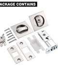 Pocket Door Lock With Keys And Invisible Recessed Handle Latch For Barn Doors And Wood Furniture, Square Privacy Sliding Door Lock, Adjustable Tongue For 35-50mm Doors, Silver Finish package view with components