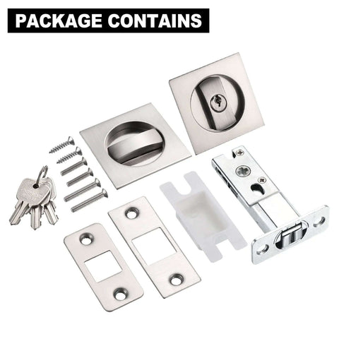 Pocket Door Lock With Keys And Invisible Recessed Handle Latch For Barn Doors And Wood Furniture, Square Privacy Sliding Door Lock, Adjustable Tongue For 35-50mm Doors, Silver Finish package view with components
