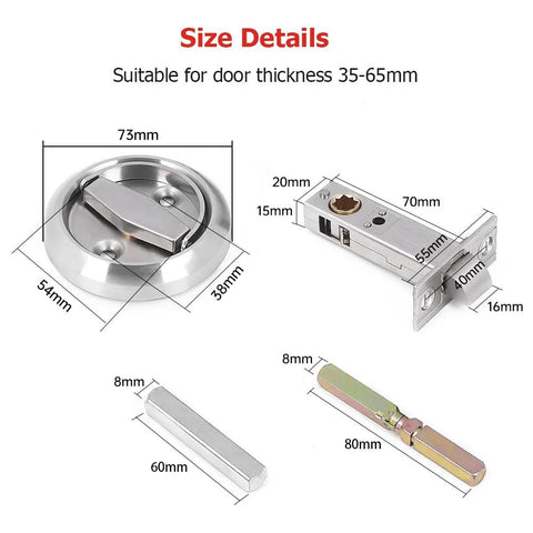 Dimensions of 304 Stainless Steel Keyless Pocket Door Lock For Corridor Sliding Doors With Hidden Recessed Cup Install Brushed Silver Door Handles