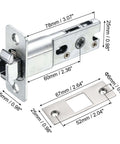 Pocket Door Lock With Keys And Invisible Recessed Handle Latch For Barn Doors And Wood Furniture, Square Privacy Sliding Door Lock, Adjustable Tongue For 35-50mm Doors, Silver Finish, front view with dimensions.