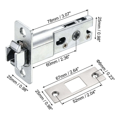 Pocket Door Lock With Keys And Invisible Recessed Handle Latch For Barn Doors And Wood Furniture, Square Privacy Sliding Door Lock, Adjustable Tongue For 35-50mm Doors, Silver Finish, front view with dimensions.