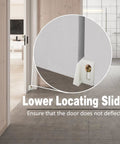 Lower locating slide for pocket door installation, detail circle inset, showing mounting on floor to stabilize sliding door.