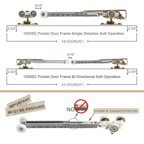 Sliding Pocket Door Soft Close Hanger Replacement Kit 1060 With 1 Inch Nylon Ball Bearing Wheels shown with installation guide.