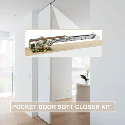 Sliding Pocket Door Soft Close Hanger Replacement Kit 1060 With 1 Inch Nylon Ball Bearing Wheels displayed in living room
