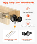 Close-up of Pocket Door Frame Kit For 24-36 Inch Wide Doors, 80 Inch High with triple-wheel rollers and galvanized steel track.