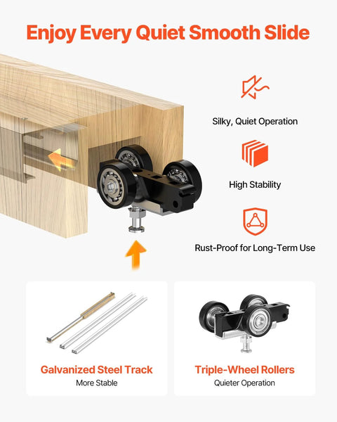 Close-up of Pocket Door Frame Kit For 24-36 Inch Wide Doors, 80 Inch High with triple-wheel rollers and galvanized steel track.