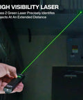 Rechargeable EDC pocket flashlight with a precise green laser delivers up to 1000 lumens in Turbo, used in dark setting