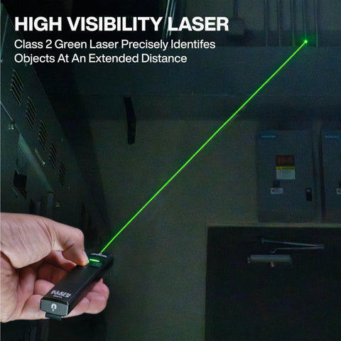 Rechargeable EDC pocket flashlight with a precise green laser delivers up to 1000 lumens in Turbo, used in dark setting