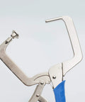 Side view of Effortless 11 Inch Quick Release Pocket Hole Clamp Set for 90 Degree Corner Joints with blue handle and metal jaws