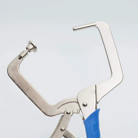 Side view of Effortless 11 Inch Quick Release Pocket Hole Clamp Set for 90 Degree Corner Joints with blue handle and metal jaws