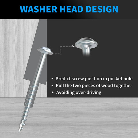 Washer head design of Pocket Hole Screws 1-1/4 Inch, FIXLINK Pocket Screws #8 X 1-1/4", 600 PCS, Zinc Coated