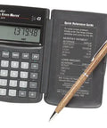 Pocket Real Estate Master Mortgage Finance Calculator For Real Estate Professionals With Loan Amortization And Rate Term Calculations A Handy Handheld Tool For Quick And Accurate Residential Property Finance Solutions, showing buttons and display with pen.