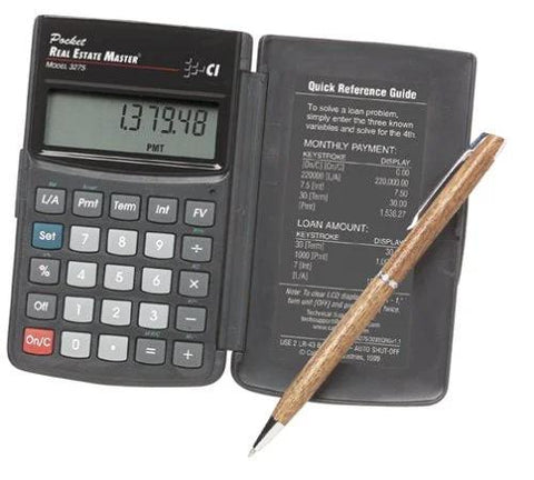 Pocket Real Estate Master Mortgage Finance Calculator For Real Estate Professionals With Loan Amortization And Rate Term Calculations A Handy Handheld Tool For Quick And Accurate Residential Property Finance Solutions, showing buttons and display with pen.