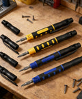 4-In-1 Pocket Screwdriver Pen Tool Set on workbench, double-ended with Phillips and flat head bits, durable steel construction