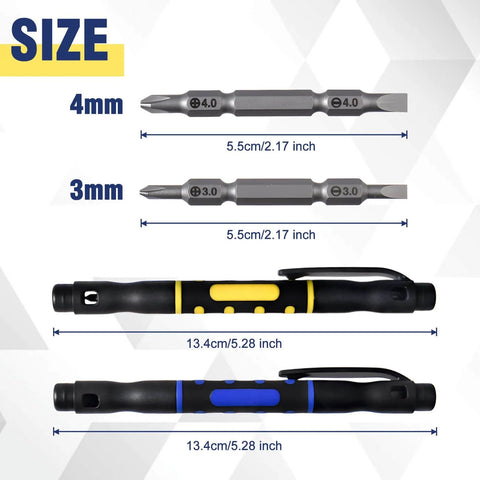 4-In-1 Pocket Screwdriver Pen Tool Set, Double-Ended With Phillips And Flat Head Bits, shown with size details