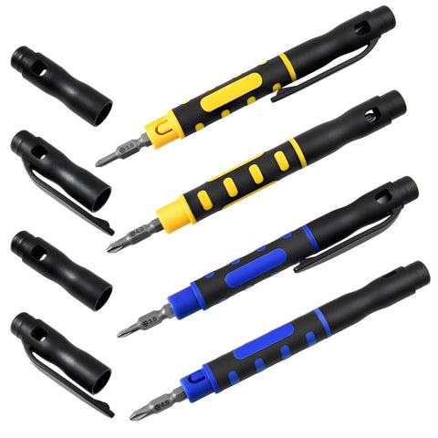 Assorted 4-In-1 Pocket Screwdriver Pen Tool Set with dual-ended Phillips and flat head bits, showing compact design and steel construction.