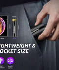 Person placing ultra compact 395nm UV flashlight, USB-C rechargeable in 1 hour, delivering powerful 1300mW into pocket