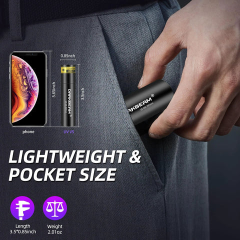 Person placing ultra compact 395nm UV flashlight, USB-C rechargeable in 1 hour, delivering powerful 1300mW into pocket