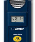Front view of a pocket ultrasonic distance measurer with clear digital readout displaying 48 ft 3 in, compact design for portability.