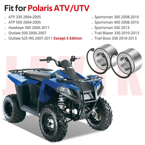 Rear Wheel Bearings For Polaris ATVs And UTVs Heavy Duty Fitment For Trail Blazer 330 Trail Boss 330 Outlaw 500 525 Sportsman 300 400 500 ATP 330 500 Hawkeye 300 35 x 64 x 37 Mm JAVIK displayed next to a blue ATV.