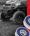 Front Wheel Bearing Kit For Honda Motorcycles 25-1072 Replacement, close-up of bearings with off-road vehicle in background