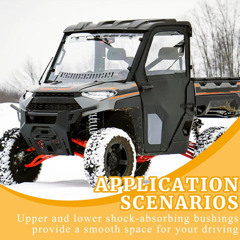 Polaris Ranger ATV in snow with shock absorber bushings for smooth ride, showcasing application scenarios