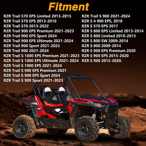 Polaris RZR models listed for fitment with a red ATV on rocky terrain, Two Pack Driveshaft Spring Pins For Polaris RZR 570 800 900 1000 Replaces 7661913.