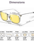 Polarized Night Vision Driving Glasses With Yellow Lens For Men And Women showing dimensions and frame details.