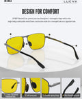 Night Vision Driving Glasses Polarized Anti Glare For Men Rectangular Sunglasses with yellow lenses and metal frame.