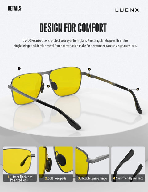 Night Vision Driving Glasses Polarized Anti Glare For Men Rectangular Sunglasses with yellow lenses and metal frame.