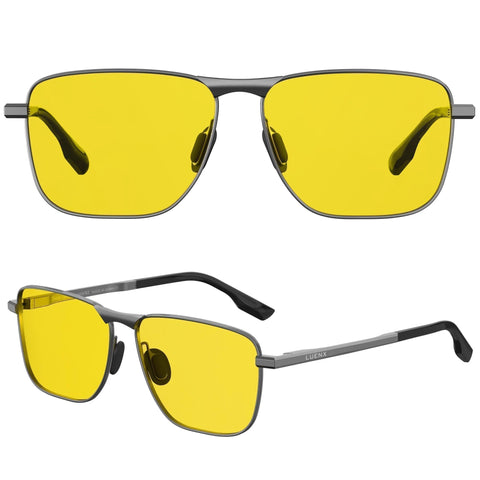 Night Vision Driving Glasses Polarized Anti Glare For Men Rectangular Sunglasses, front and side view with yellow lenses