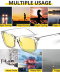Polarized Night Vision Driving Glasses With Yellow Lens for Men and Women shown with night and weather use scenes