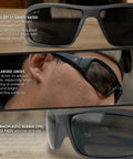 Brazeau Polarized Safety Glasses With 99.9 Percent UV Protection And ANSI Z87 showing lenses, rubber nose pads, and protective features.