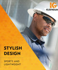 Worker wearing Polarized Safety Glasses With Smoke Lenses Gunmetal Frame Unisex Case Included, helmet on construction site.