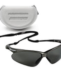 Polarized Safety Glasses With Smoke Lenses Gunmetal Frame Unisex Case Included and neck cord