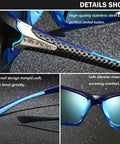 Close-up of men's polarized sunglasses showing skidproof temple design, soft silicone nose pads, with UV400 protection.