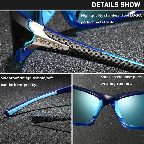 Close-up of men's polarized sunglasses showing skidproof temple design, soft silicone nose pads, with UV400 protection.