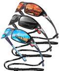 Three pairs of men's polarized sunglasses with UV400 protection for cycling and driving, featuring lightweight frames and glare-reducing lenses.