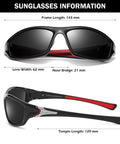Polarized Sunglasses For Men UV400 Protection Cycling Driving Fishing, black frame with red accents, detailed dimensions shown