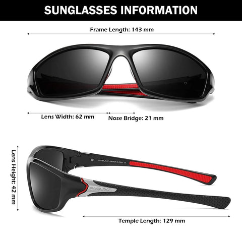 Polarized Sunglasses For Men UV400 Protection Cycling Driving Fishing, black frame with red accents, detailed dimensions shown