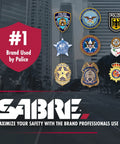 Image featuring various police department logos and badges above the SABRE logo, emphasizing use by professionals for safety.