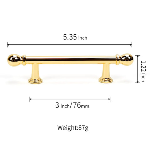 10 Pack Polished Brass Kitchen Cabinet Pulls 3 Inch Hole Center Solid Zinc Alloy Handles showcasing dimensions and weight