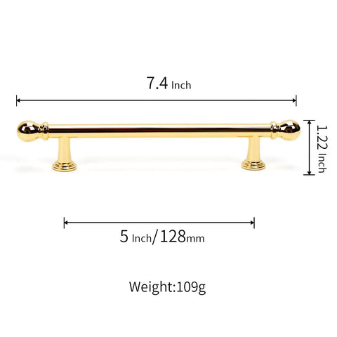 10 Pack Polished Brass Cabinet Pulls 5 Inch Hole Center 128mm Solid Zinc Alloy Handles dimensions view