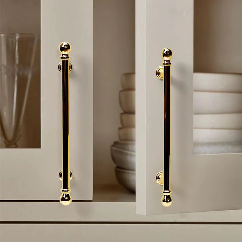 10 Pack Polished Brass Cabinet Pulls 5 Inch Hole Center 128mm Solid Zinc Alloy Handles installed on kitchen cupboard